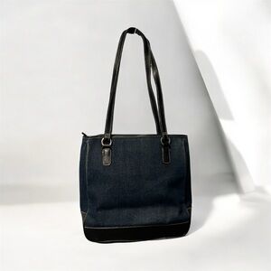 Dark Blue Denim Baguette Bag with Dark Brown Leather Straps – Pre-Owned